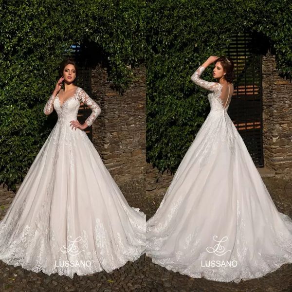 

custom long sleeves lace wedding dresses with appliques v neck court train a line country wedding bridal gowns, White