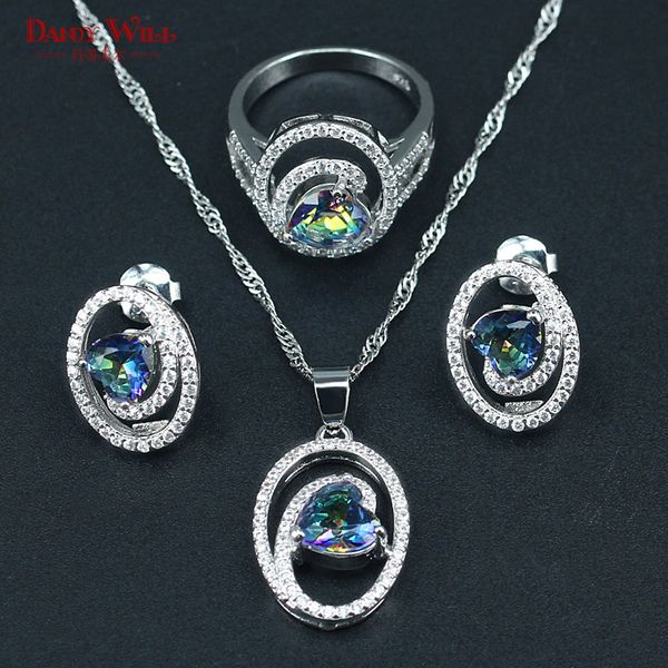 

heart-shaped blue rainbow bridal jewelry sets for women wedding cz 925 silver color ring/earrings/chain necklace/pendants, Slivery;golden