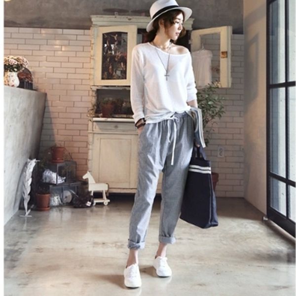 

Women Spring Elastic Waist Trousers Stripe New Fashion Casual Loose Palazzo Long Harem Grey Pants Trousers
