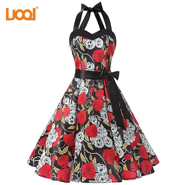 

women dress 2018 vintage floral retro halloween 50s 60s dresses robe rockabilly pinup plus size halter backelss party dress, Black;gray