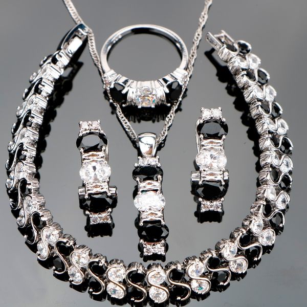 

black zircon white rhinestones silver 925 jewelry sets for women bracelets pendant necklace rings earrings set jewelery gift box, Slivery;golden