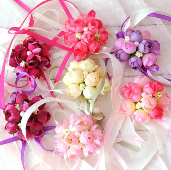 

Bridal Wrist Flower Corsage Bridesmaid Sisters Hand Flowers Wedding Prom Artificial Silk Flowers Bracelet Free Shipping