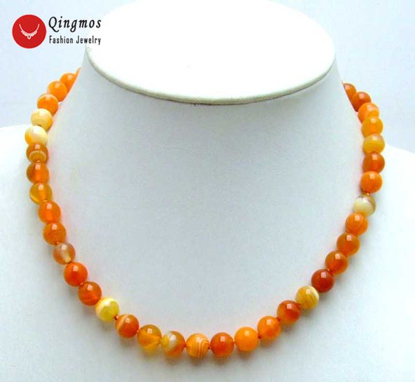 

qingmos trendy 6mm orange round stripe natural agates 18" chokers necklace for women-nec5825 ing, Golden;silver