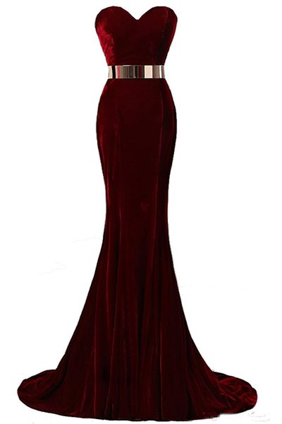 

2019 Newest Fashion Beaded Prom Dresses Sweetheart Jewel Mermaid Evening Dresses Velvet Burgundy Metal Belt Formal Evening Gowns Custom Made