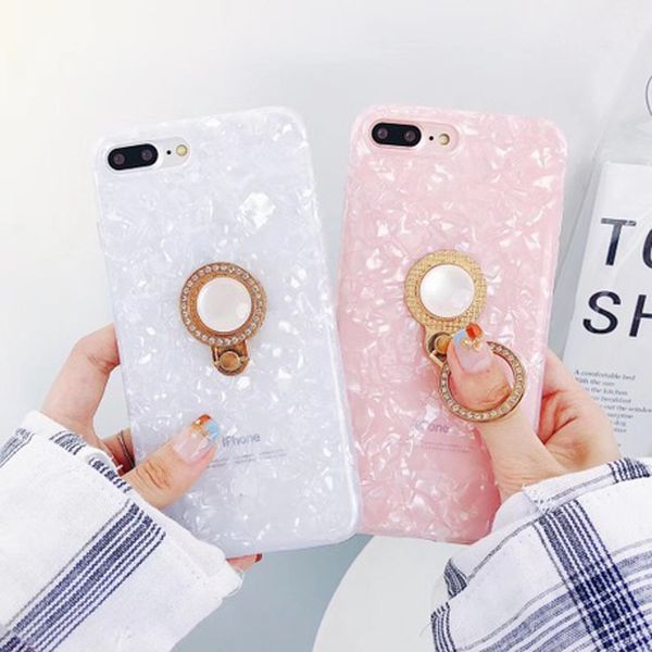 Custodie per telefoni in marmo di molluschi di lusso per iPhone X Cover Cover in TPU morbido per iPhone 10 7 8 6s Plus Custodia glitterata con anello per le dita