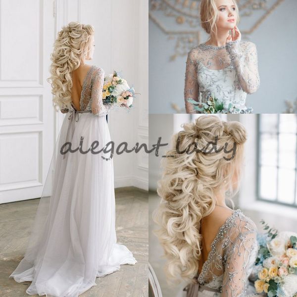 

fairy toddler light grey boho wedding dresses with long sleeve 2018 modest jewel backless country beach holiday bridal reception gown, White