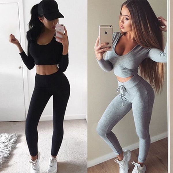 

женщины slim fit сексуальное тело кривой спортивный костюм совок шеи короткий урожай пуловер с леггинсы брюки 2 шт./компл. спортивный костюм, Gray