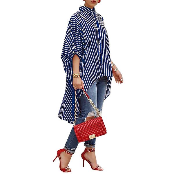 

women office clothing striped print casual big skirt shirt ladies irregular plus size loose bat sleeve shirt, White