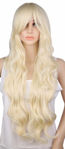 

qqxcaiw long curly blonde wig cosplay costume party women 70 cm high temperature synthetic hair wigs, Black