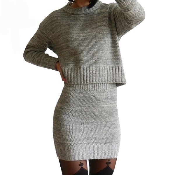 

Winter 2 Pieces Sweater Dress Set Women Long Sleeve Office Wear Casual Gray Pullover Knitted Dresses Clothing Suit