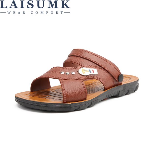 

laisumk mens sandals summer 2018 new men's sandals genuine leather simple black comfortable men beach shoes gladiator