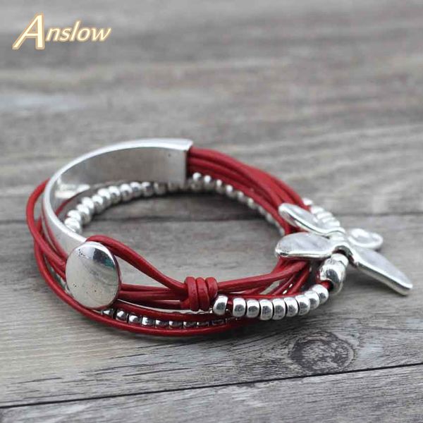 

anslow selling creative design drongfly wrap leather bracelet for women zinc alloy beads strand multilayer gift low0583lb, Golden;silver