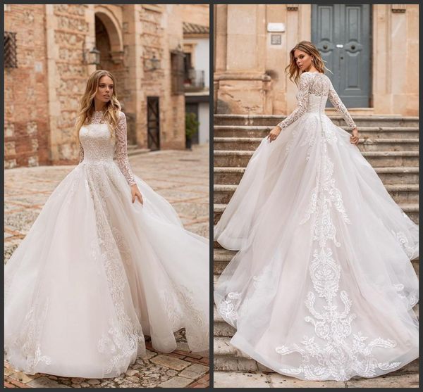 

2019 new dolly modest long sleeves wedding dresses ball gown bateau neck lace appliqued bridal gowns court train plus size vestido de novia, White