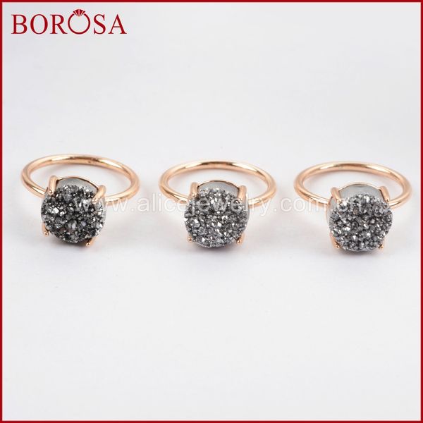 

borosa rose gold color claw black 10mm round titanium druzy ring,two size fashion drusy ring jewelry gems for women zg0235, Golden;silver