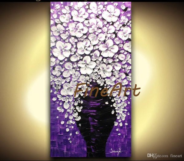 Acheter Fait Main Peinture Art Nature Peinture Acrylique Couteau à Palette Violet Blanc Fleur Peinture à Lhuile Bouquet Dans Vase Images Toile
