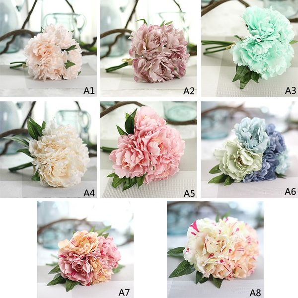 Acheter 5 Têtes Fleur Artificielle Hortensia Pivoine Mariée Bouquet En Soie Fleur Pour Bricolage Maison Décor De Fête Avec Des Feuilles Vertes