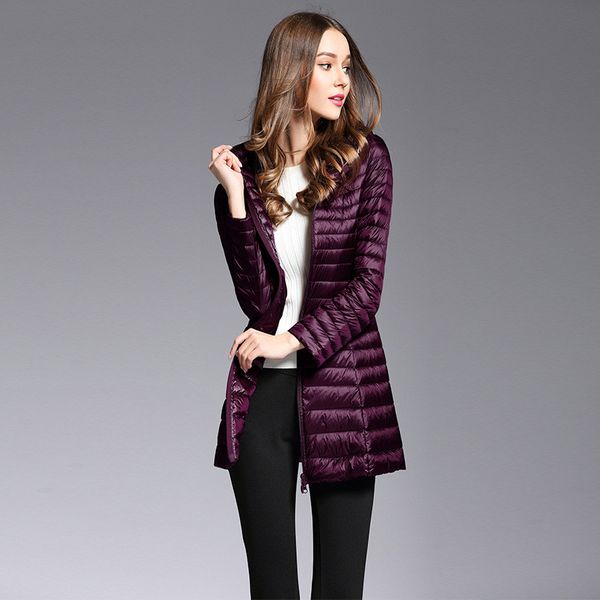 

s-6xwomen 90% white duck down jacket winter fall female ultra light down jackets slim solid long sleeve parkas candy color zip c, Black