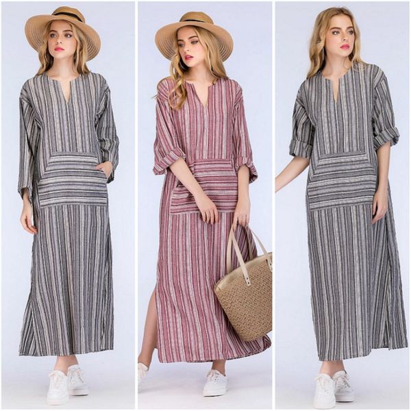 

large size 5xl women retro striped dress 2018 autumn long sleeve dresses lady vintage casual loose maxi long vestidos europe, White;black