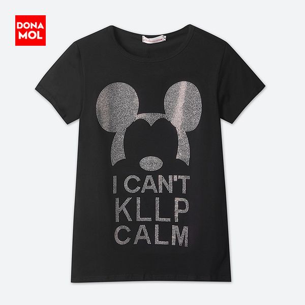 

summer for women 2018 new fashion oversized t-shirt cartoon decorate diamonds black o-neck pure coon short sleeved c1145, White