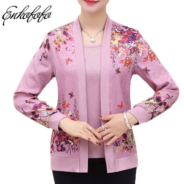 

2018 middle aged women twinset mother clothing 2 piece set sweaters female cardigan fashion print sweater women outerwear sets, White;black