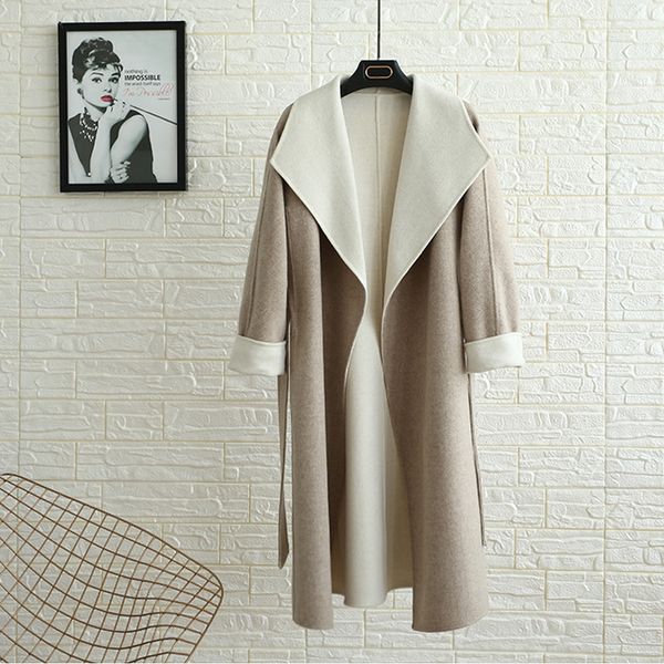 

2018 warm thick 2 face true wool coat long casual luxury belt 100% wool overcoat for women new winter wsr318, Black