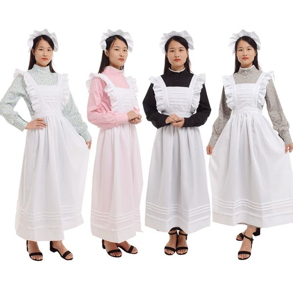 

women vintage castle housekeeper dress maid costume british style prairie rural flower print cotton dress white pinafore, Black;red
