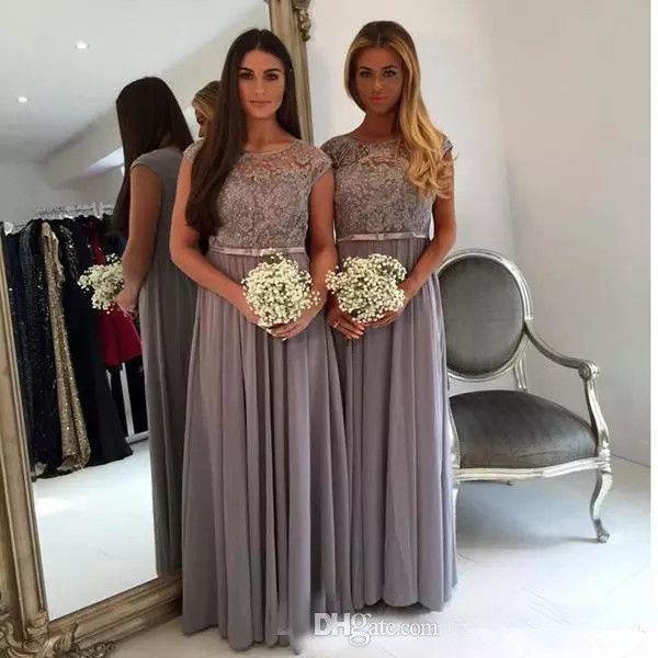 

scoop neck grey long bridesmaids dresses with lace appliques 2019 a-line capped sleeves chiffon maid of honor dress plus size, White;pink