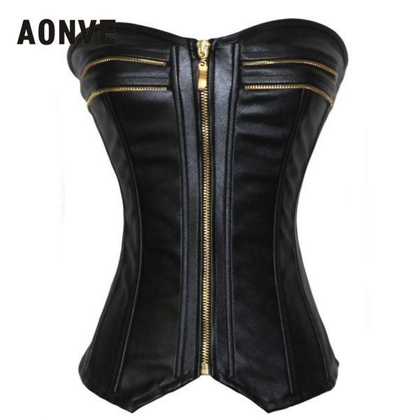 

aonve corset steampunk faux leather waist corsets front zipper corset black bodice brocade women lace up overbust, Black;white