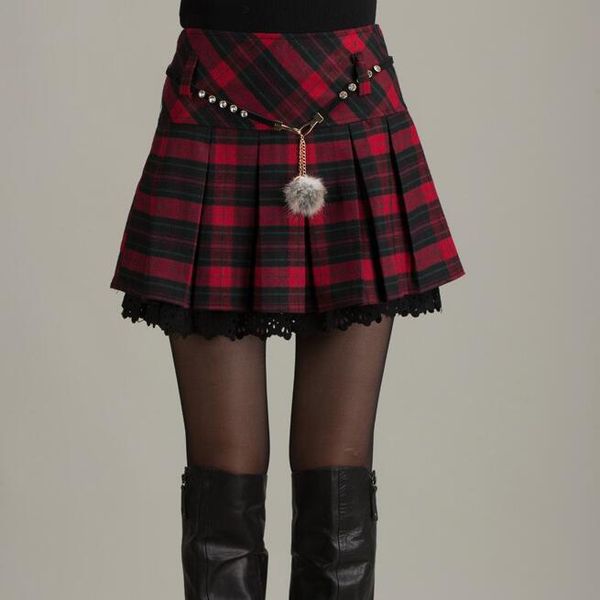 

plaid skirt women pleated checkered red skirts 2017 autumn & winter a-line plaid mini skirt (incluede the sash, Black