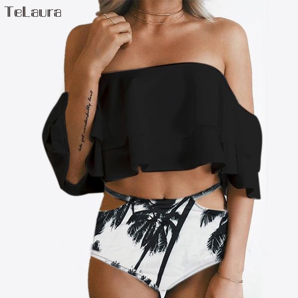 

2018 high waist swimsuit women ruffle bikini off shoulder bikinis women swimwear plus size biquini bathing suit beach wear, White;black