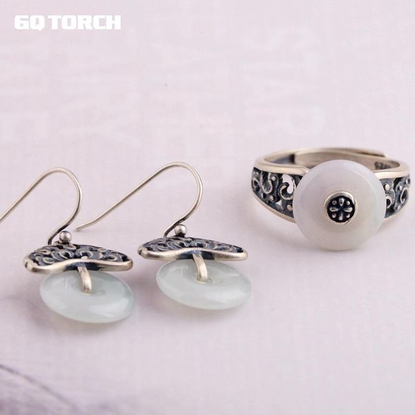 

gqtorch 925 sterling silver jade rings for women natural gemstone pendant flower design vintage style jewelry, Golden;silver