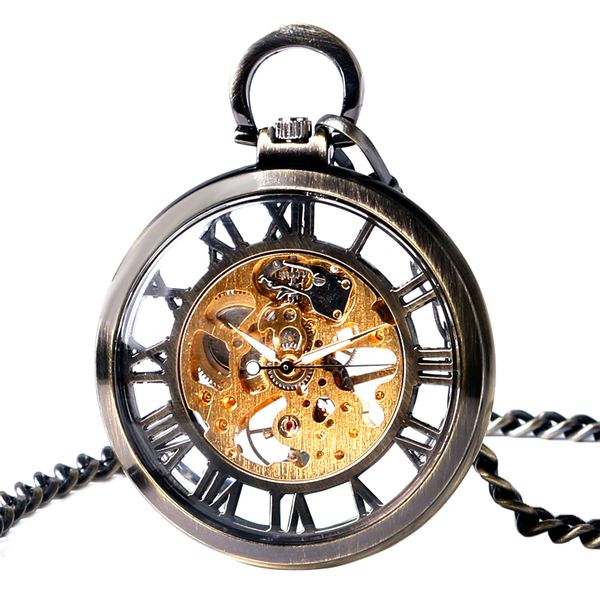

fashion transparent mechanical hand wind skeleton pocket watch for men women open face design watches for father's day gifts, Slivery;golden