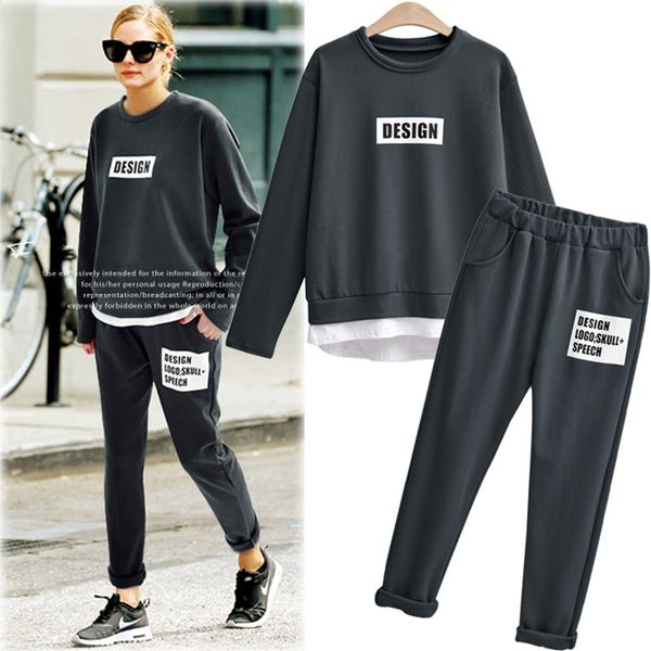 

o-neck fashion casual two piece set tracksuit trainingspak sweat suits women grey beige o -neck t -shirt and long pants femme new, Gray