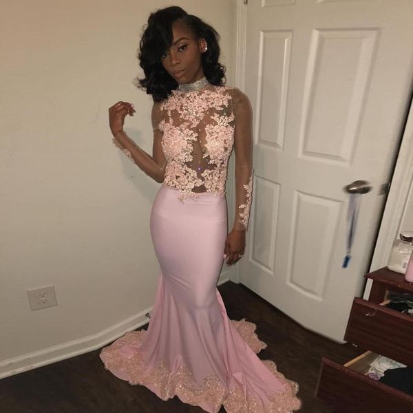 

see through pink mermaid prom dresses for black girl appliques beaded illusion long sleeve evening dress african formal gowns