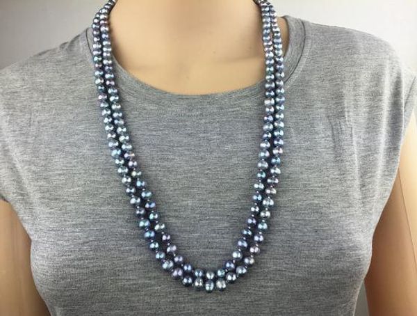 

new arriver 60inches long pearl necklace,6-8mm dark gray color natural freshwater pearl jewellery,wedding,mothers day women gift, Black