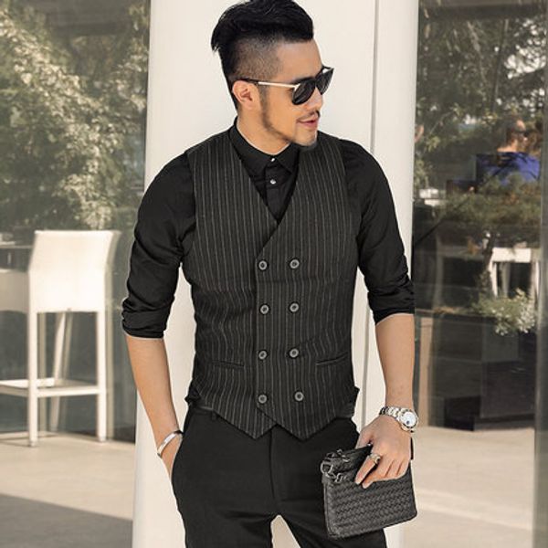 

2019 latest black strip vest wool groom vests pockets men's suit vests slim fit men's dress vest wedding waistcoat plus size v nec