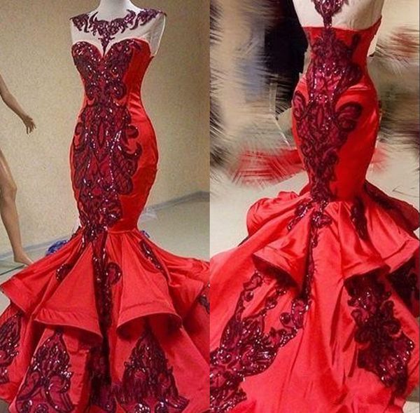 

red luxury sequins applique mermaid ruffles prom pageant dresses shiny jewel sheer neck mermaid occasion evening gowns, Black;red