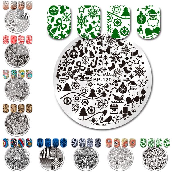 

1pc born pretty xmas flower geo christmas design nail stamping template round 5.5cm nail art stamping image plate 10 patterns, White