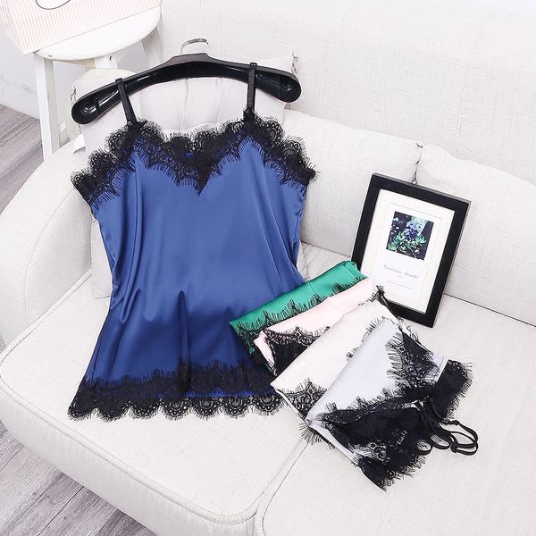 

alphalmoda] summer lace patchwork women's fashion satin camisole candy color adjustable female sling, White