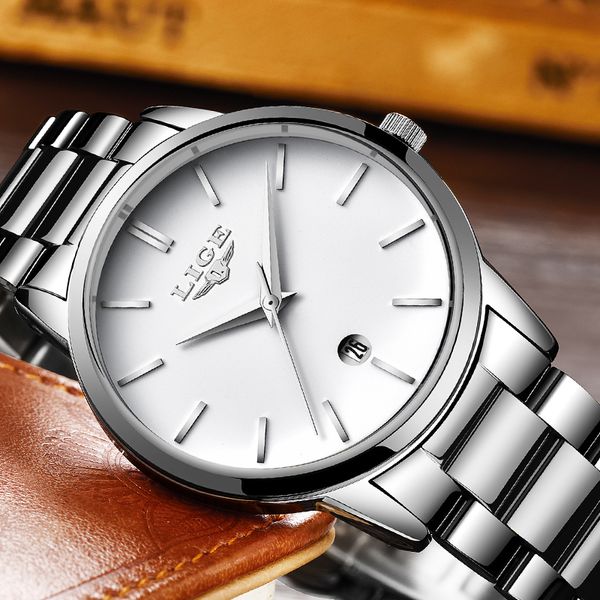 

lige new men's watch business quartz watch men's steel date calendar fashion sports relogio masculino, Slivery;brown