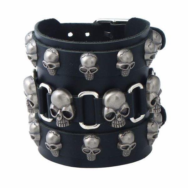 

exaggeration wide punk cowhide cross border human skeleton head man leather bracelet vintage, Black