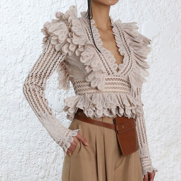 

women's blouses & shirts [menkay] 2022 autumn hollow out v neck ruffles spliced women shirt, White