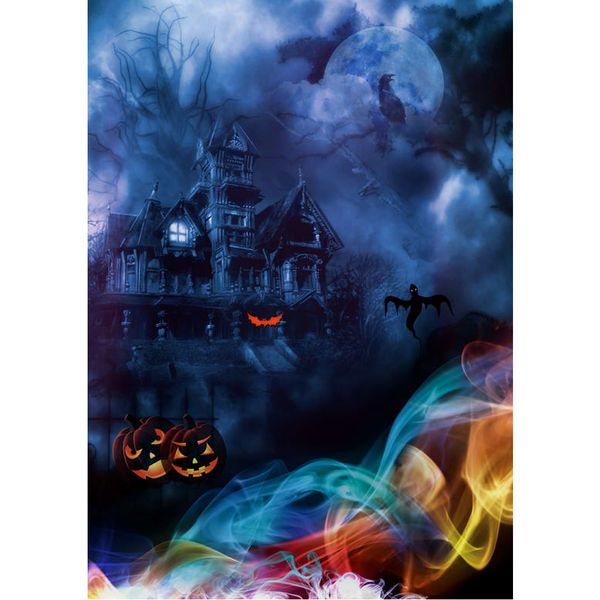 Schreckliche Nacht, altes Schloss, Halloween-Hintergrund, bedruckter Vollmond, bunter Smog, Kürbislaternen, Kinderparty, Fotoautomaten-Hintergrund