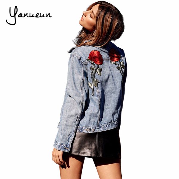 

yanueun 2017 spring autumn female jean jacket casual double pocket decorated denim jacket clothing embroidery women coat, Black;brown