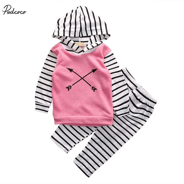 

2 pcs cross arrow baby girl pink hooded clothing set infant babies girl hoodie + stripe pants 2pcs outfits clothes sets, White