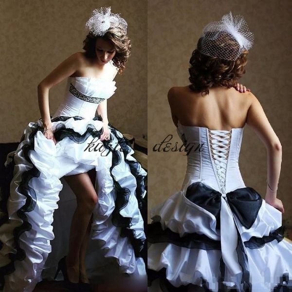 

vintage black and white gothic a line wedding dresses strapless ruffles train lace up court train plus size 2018 arabic bridal wedding gowns