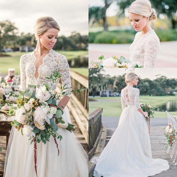 

v neck a line wedding dresses 3/4 long sleeves lace appliqued tulle satin sweep train country wedding 2018 bridal gown, White