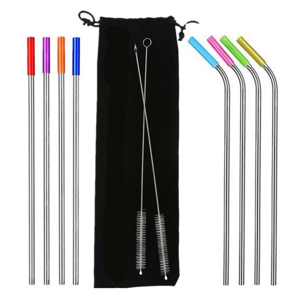 

11pcs/set stainless steel straws with colorful silicone case and cleaning brush reusable juice drinking straw 8.5 10.5inch for 20&30oz mugs