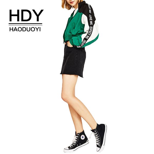 

hdy haoduoyi women patchwork coat zipper turn-down collar letter pocket autumn outweater loose casual preppy style coat, Black;brown