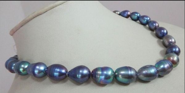 

mysterious 9-10mm baroque tahitian black blue pearl necklace 18", Silver